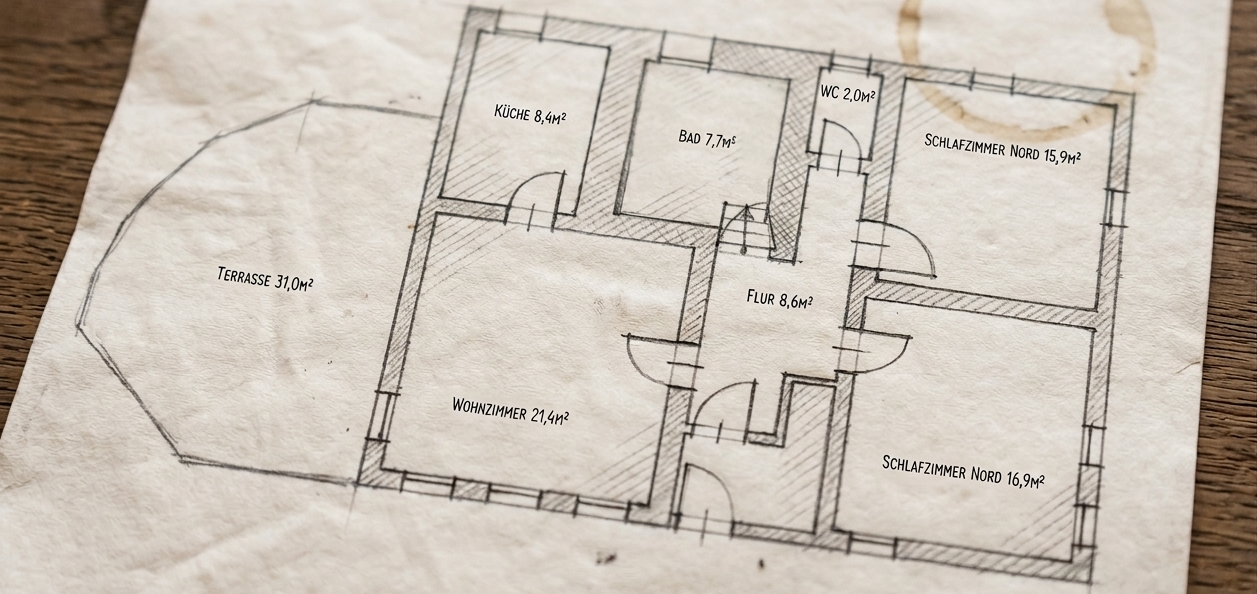 Grundriss eines Hauses mit mehreren Räumen und Beschriftungen.