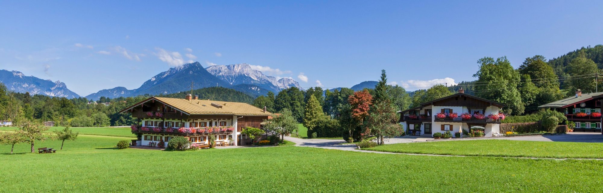 Blick auf eine malerische Berglandschaft mit traditionellen Bauernhäusern und grünen Wiesen.