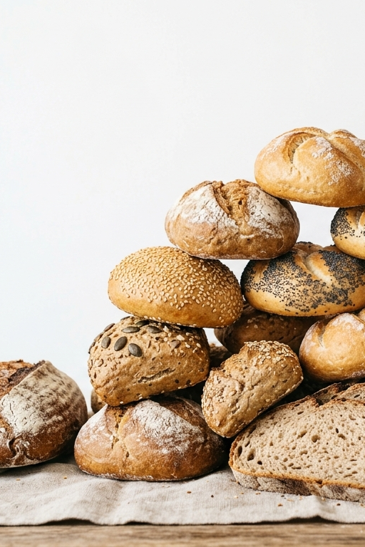 Verschiedene frische Brötchen und Brote übereinander gestapelt auf einem Holztisch.